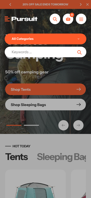 Search → panel opened — Navi+ on the Pursuit Shopify theme