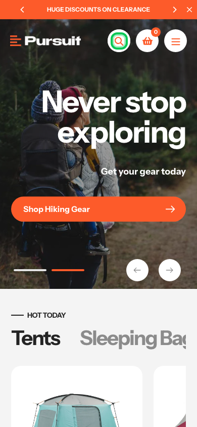 Search → panel opened — Navi+ on the Pursuit Shopify theme