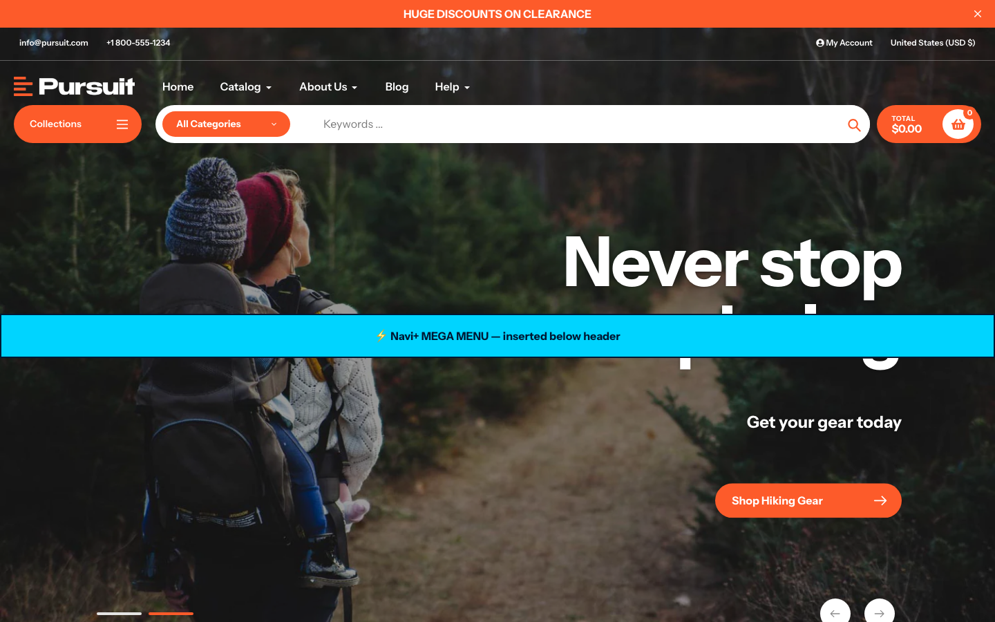 Menu inserted below header — Navi+ on the Pursuit Shopify theme