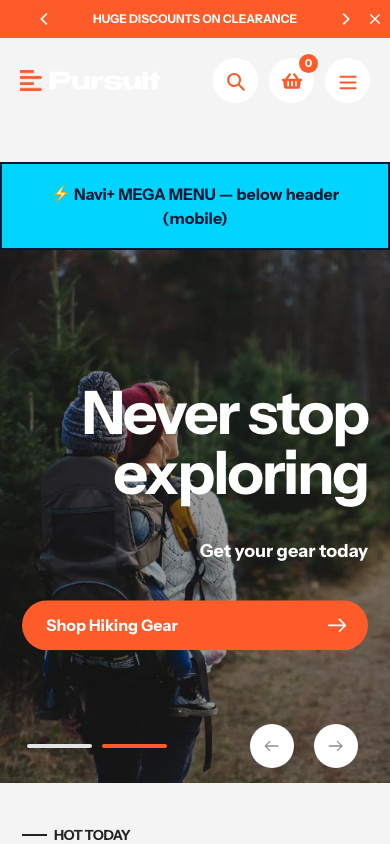 Menu inserted below header — Navi+ on the Pursuit Shopify theme