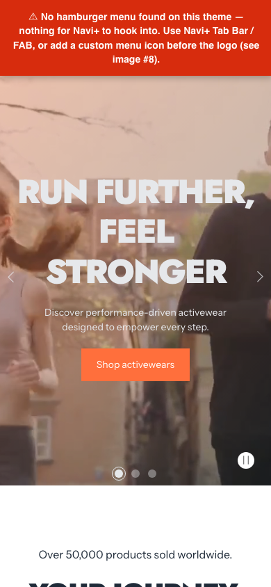 Hamburger → panel opened — Navi+ on the Refine Shopify theme Hamburger → panel opened — Navi+ on the Refine Shopify theme