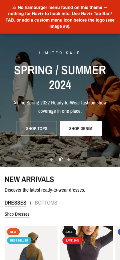 Hamburger → panel opened — Navi+ on the Reformation Shopify theme Hamburger → panel opened — Navi+ on the Reformation Shopify theme