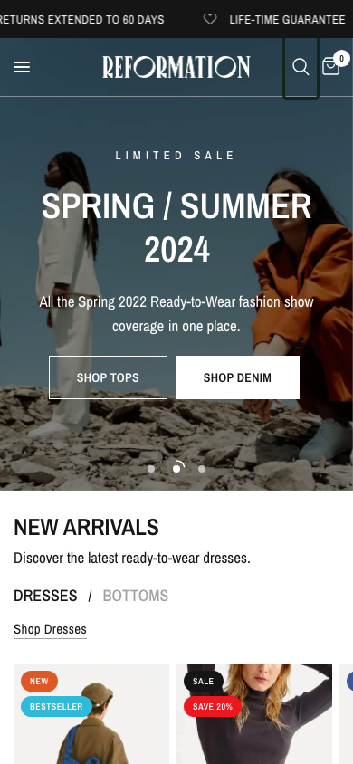 Search → panel opened — Navi+ on the Reformation Shopify theme Search → panel opened — Navi+ on the Reformation Shopify theme