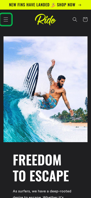 Hamburger → panel opened — Navi+ on the Ride Shopify theme