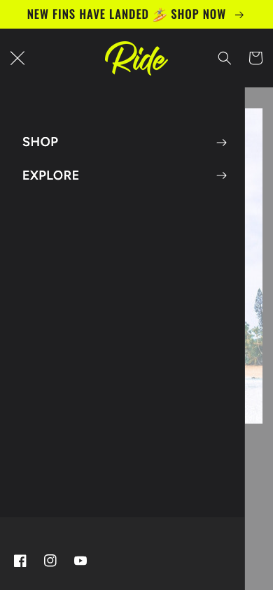 Hamburger → panel opened — Navi+ on the Ride Shopify theme