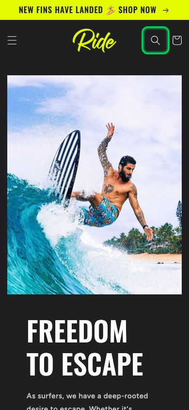 Search → panel opened — Navi+ on the Ride Shopify theme