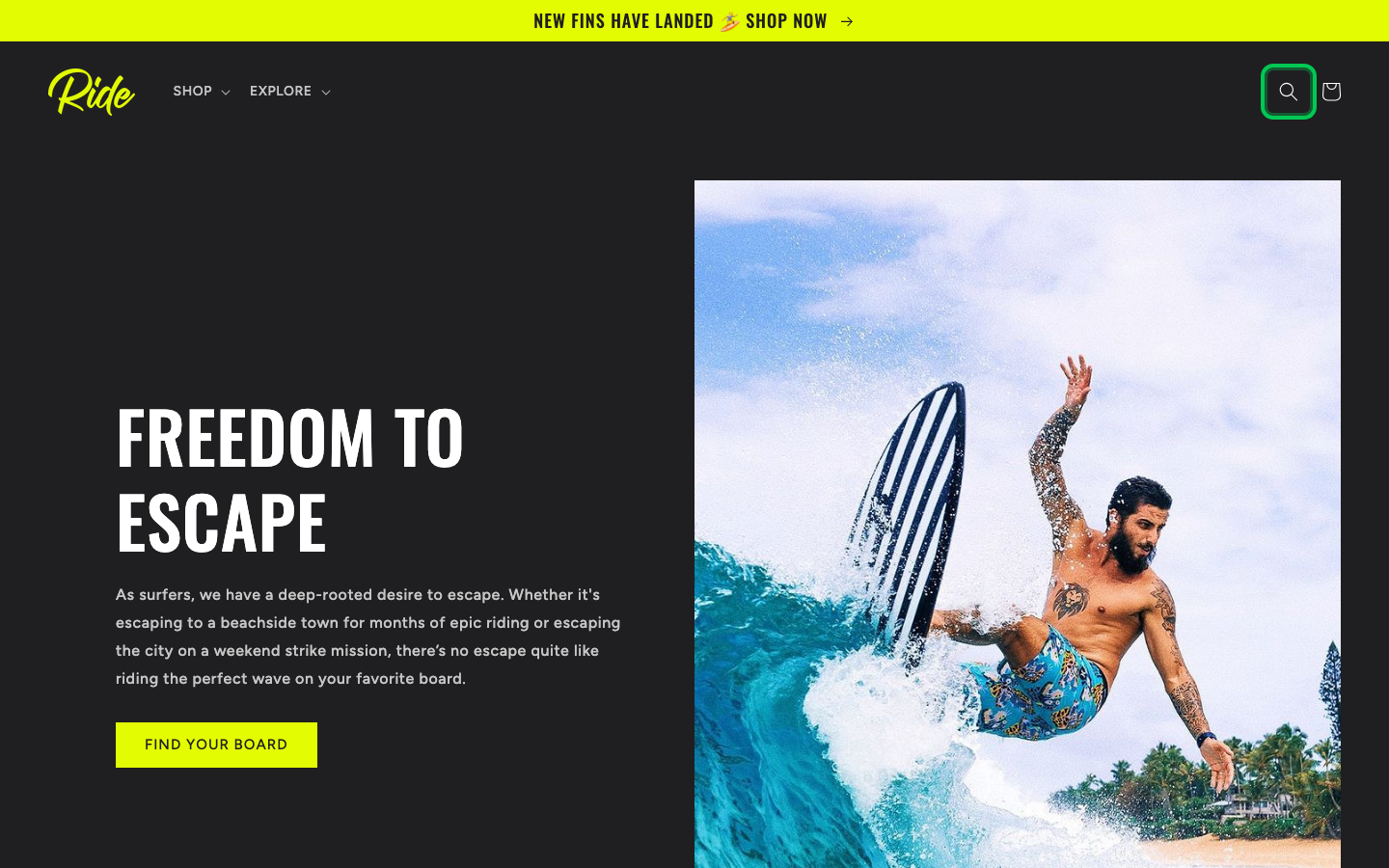 Search → panel opened — Navi+ on the Ride Shopify theme