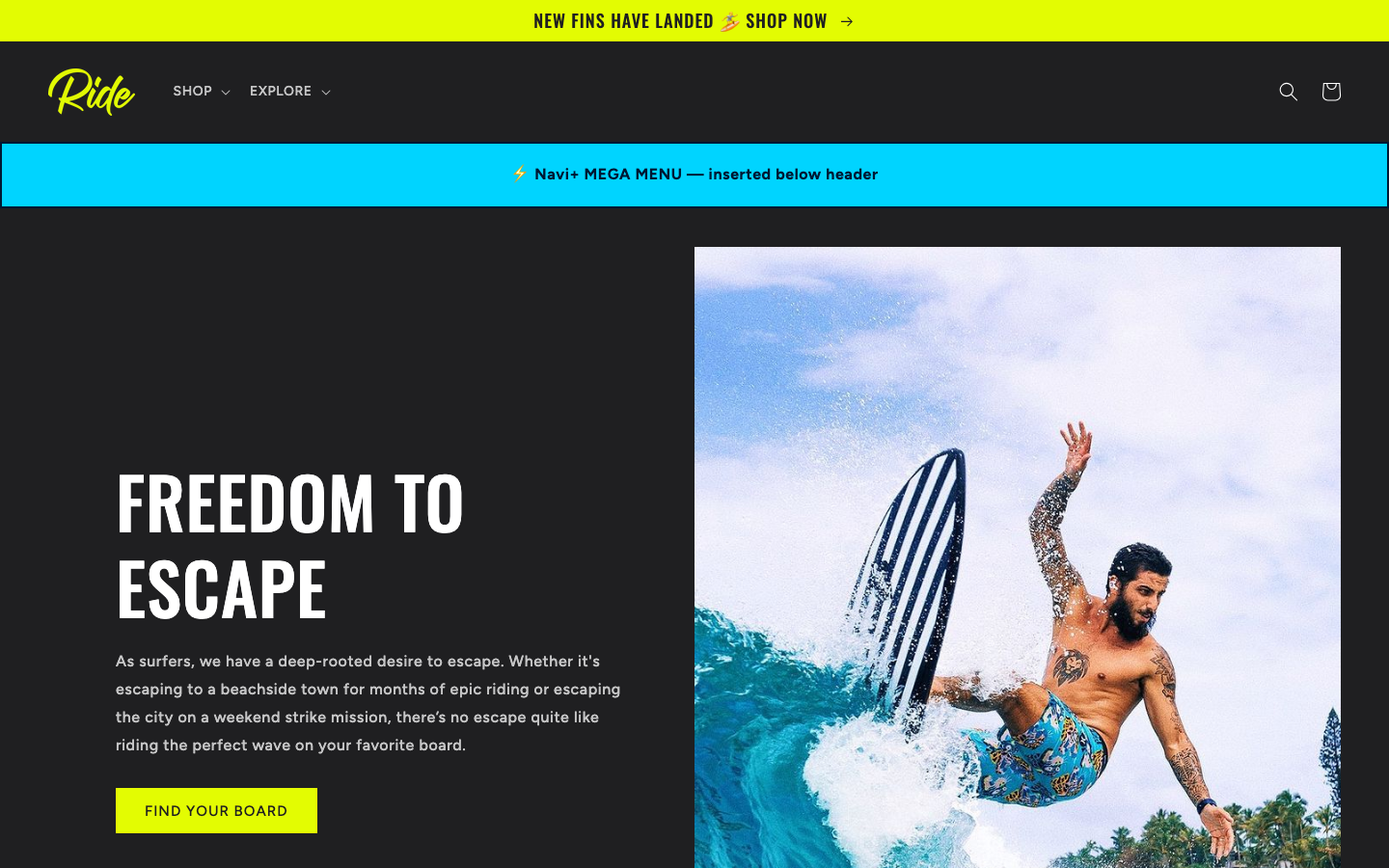 Menu inserted below header — Navi+ on the Ride Shopify theme