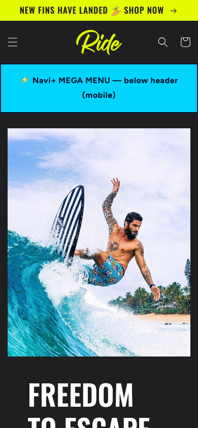 Menu inserted below header — Navi+ on the Ride Shopify theme