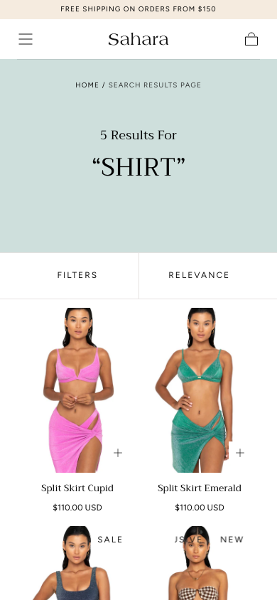 Search → panel opened — Navi+ on the Sahara Shopify theme