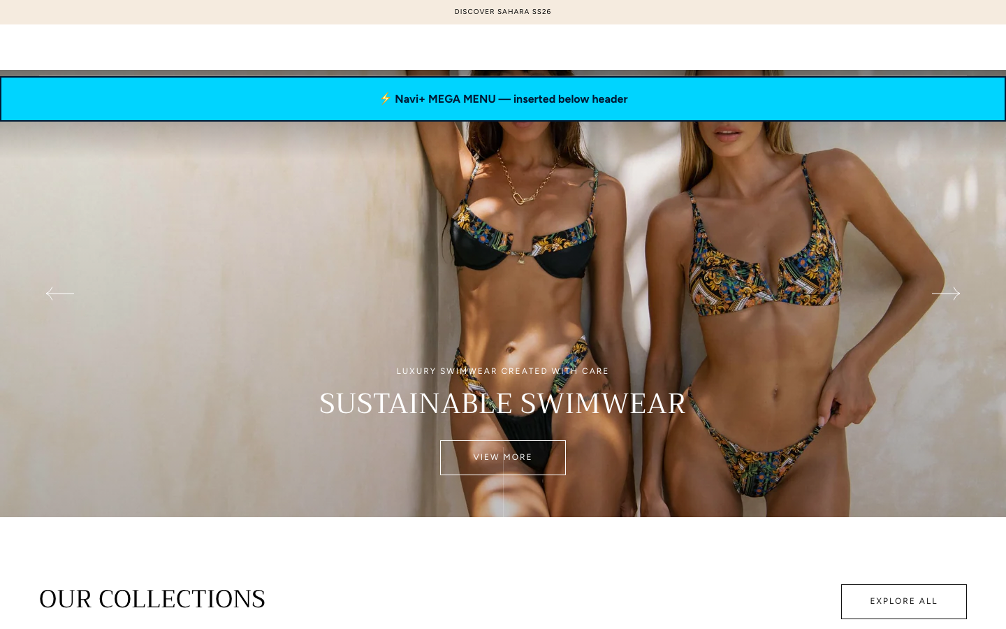 Menu inserted below header — Navi+ on the Sahara Shopify theme