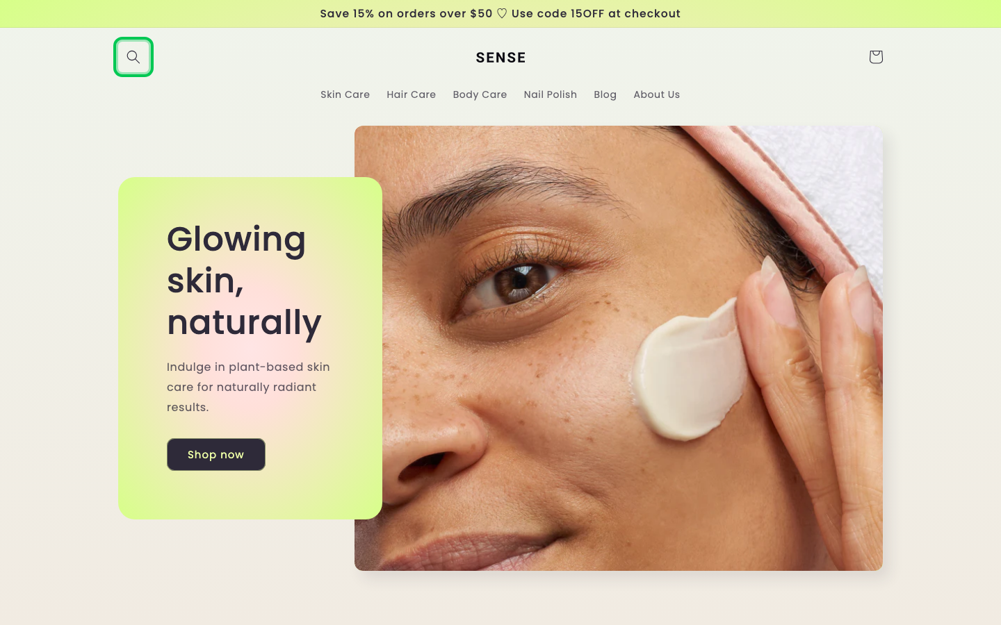 Search → panel opened — Navi+ on the Sense Shopify theme
