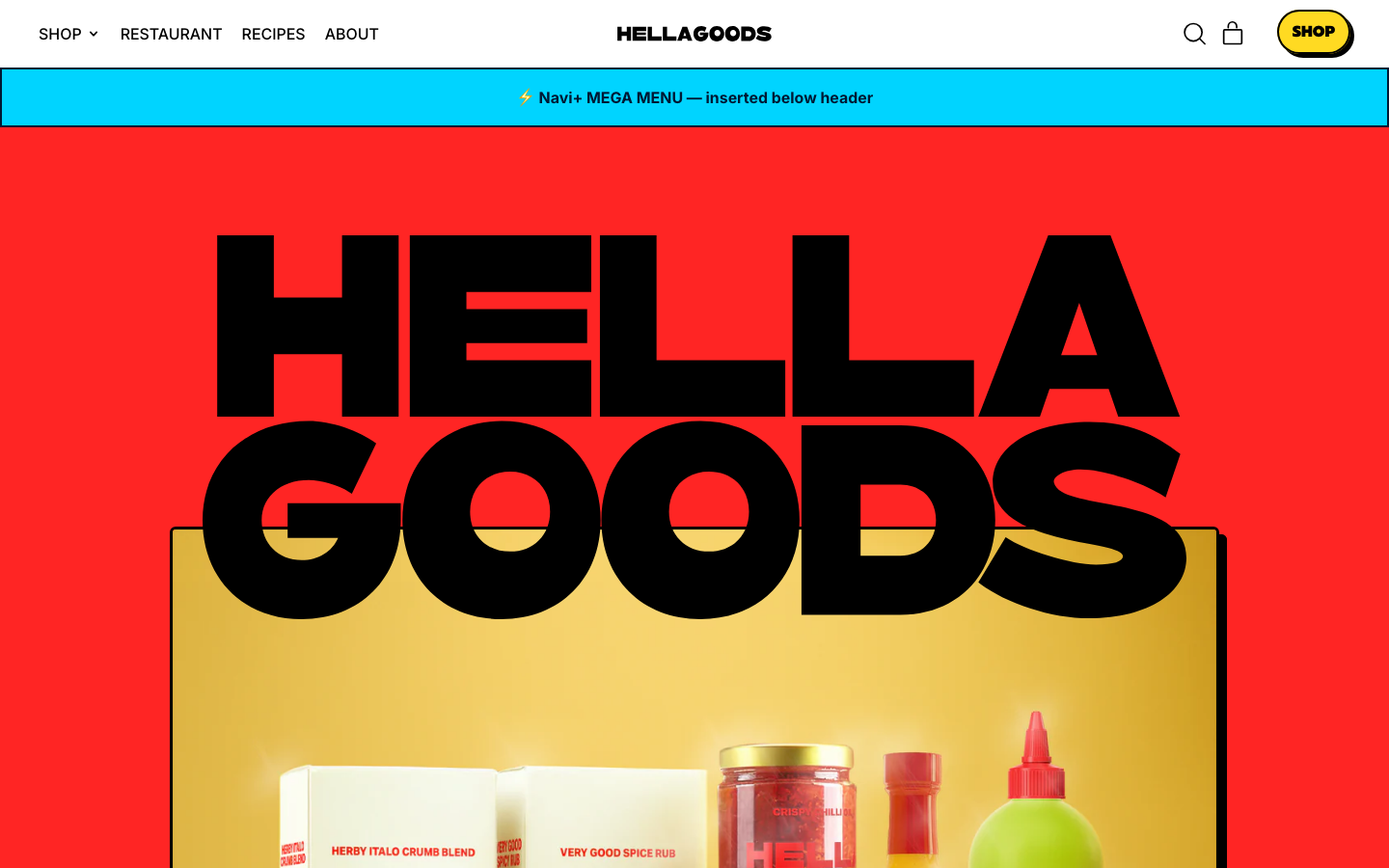 Menu inserted below header — Navi+ on the Shapes Shopify theme