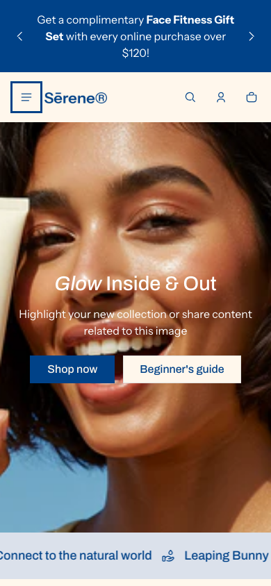 Hamburger → panel opened — Navi+ on the Shine Shopify theme