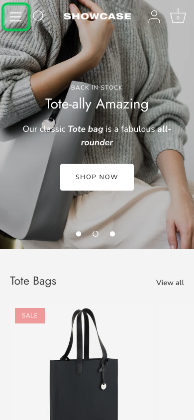 Hamburger → panel opened — Navi+ on the Showcase Shopify theme Hamburger → panel opened — Navi+ on the Showcase Shopify theme