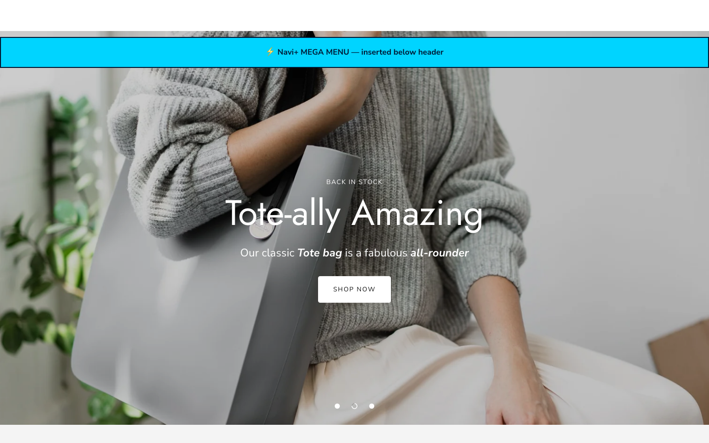 Menu inserted below header — Navi+ on the Showcase Shopify theme Menu inserted below header — Navi+ on the Showcase Shopify theme