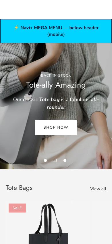 Menu inserted below header — Navi+ on the Showcase Shopify theme Menu inserted below header — Navi+ on the Showcase Shopify theme