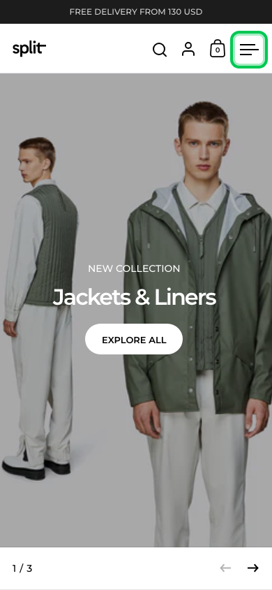 Hamburger → panel opened — Navi+ on the Split Shopify theme Hamburger → panel opened — Navi+ on the Split Shopify theme
