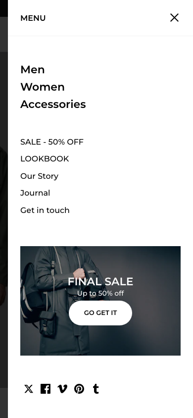 Hamburger → panel opened — Navi+ on the Split Shopify theme Hamburger → panel opened — Navi+ on the Split Shopify theme