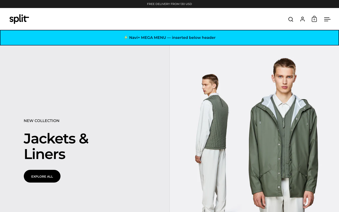 Menu inserted below header — Navi+ on the Split Shopify theme Menu inserted below header — Navi+ on the Split Shopify theme