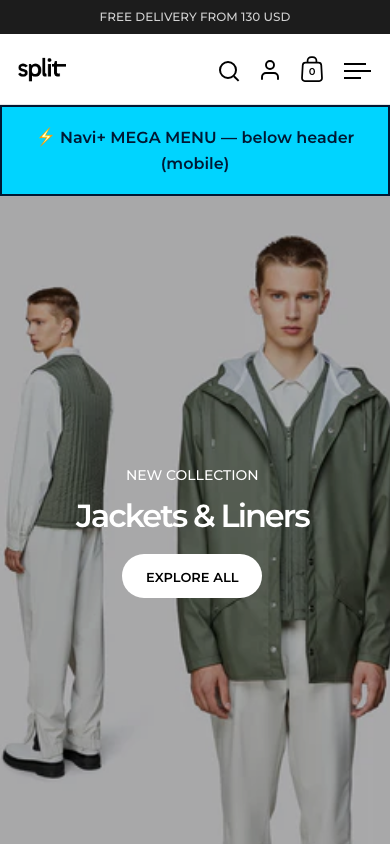 Menu inserted below header — Navi+ on the Split Shopify theme Menu inserted below header — Navi+ on the Split Shopify theme