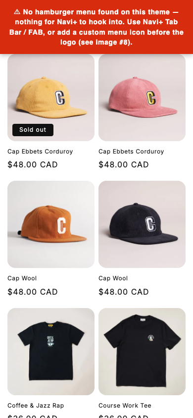Hamburger → panel opened — Navi+ on the Spotlight Shopify theme Hamburger → panel opened — Navi+ on the Spotlight Shopify theme