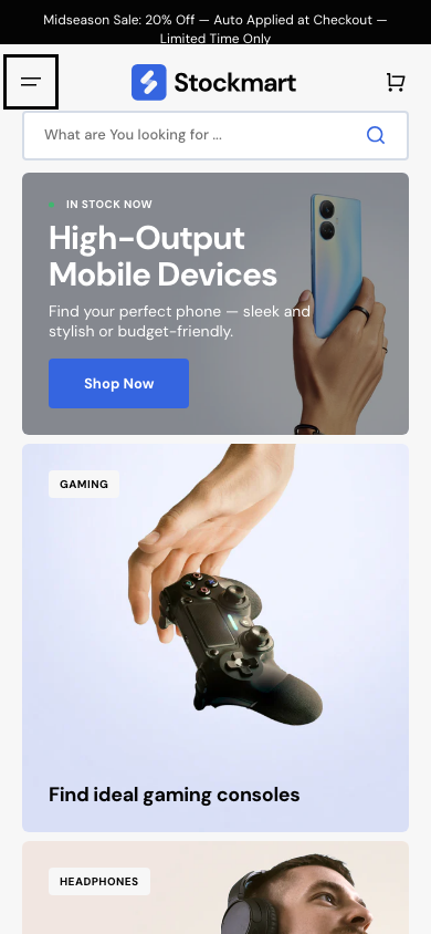 Hamburger → panel opened — Navi+ on the Stockmart Shopify theme