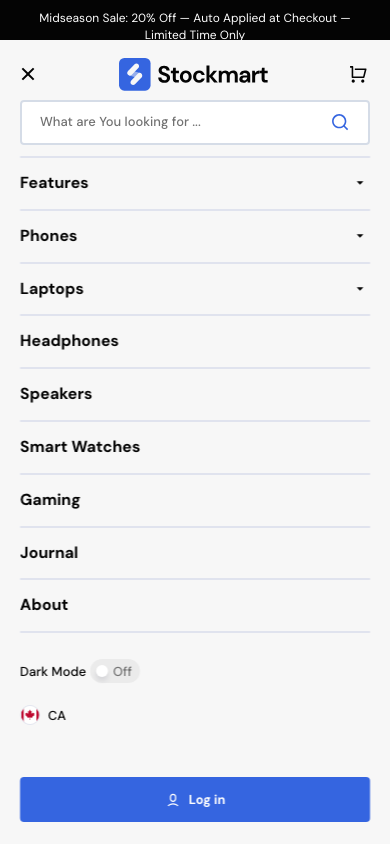 Hamburger → panel opened — Navi+ on the Stockmart Shopify theme
