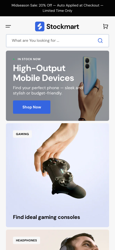 Search → panel opened — Navi+ on the Stockmart Shopify theme