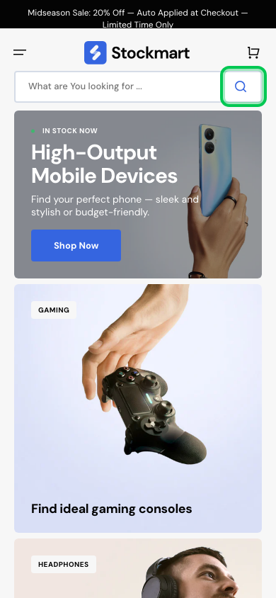 Search → panel opened — Navi+ on the Stockmart Shopify theme