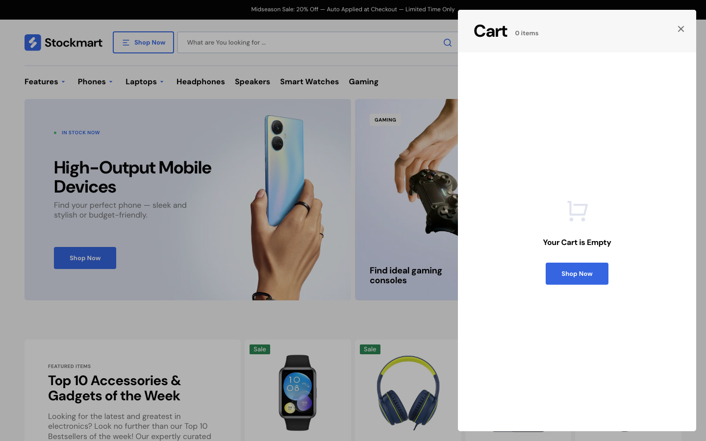 Cart → panel opened — Navi+ on the Stockmart Shopify theme