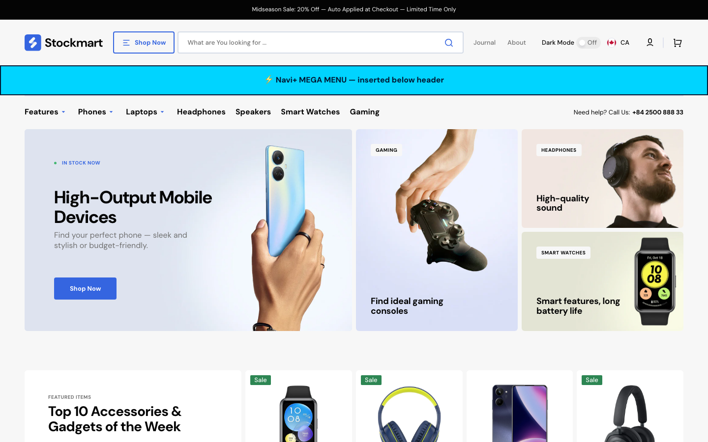Menu inserted below header — Navi+ on the Stockmart Shopify theme