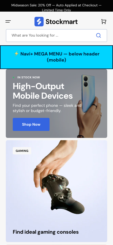 Menu inserted below header — Navi+ on the Stockmart Shopify theme
