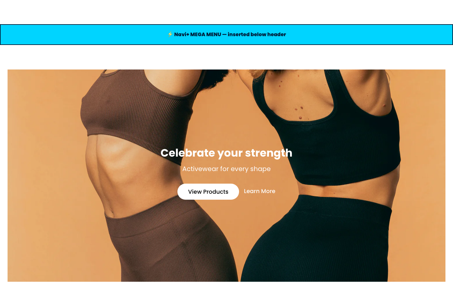 Menu inserted below header — Navi+ on the Story Shopify theme