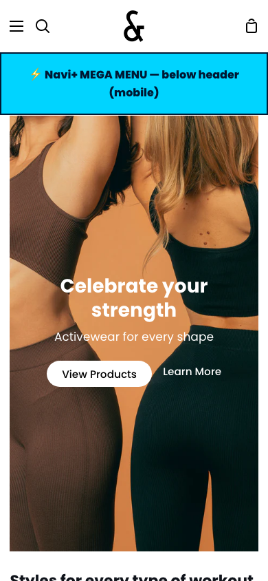 Menu inserted below header — Navi+ on the Story Shopify theme