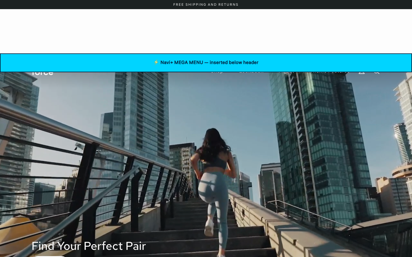 Menu inserted below header — Navi+ on the Streamline Shopify theme