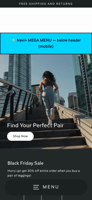 Menu inserted below header — Navi+ on the Streamline Shopify theme