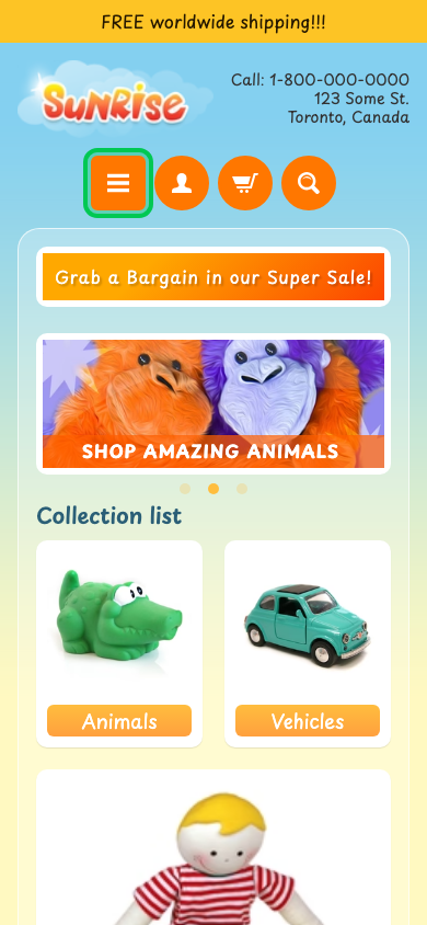 Hamburger → panel opened — Navi+ on the Sunrise Shopify theme