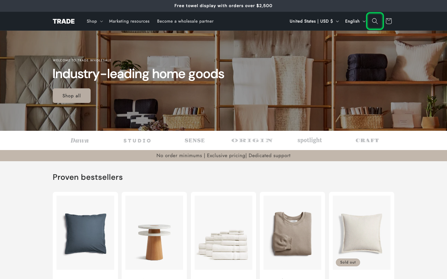 Search → panel opened — Navi+ on the Trade Shopify theme