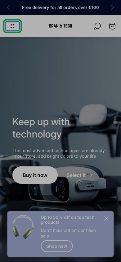 Hamburger → panel opened — Navi+ on the Ultra Shopify theme