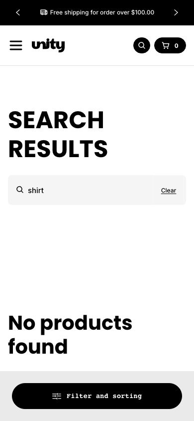 Search → panel opened — Navi+ on the Unity Shopify theme