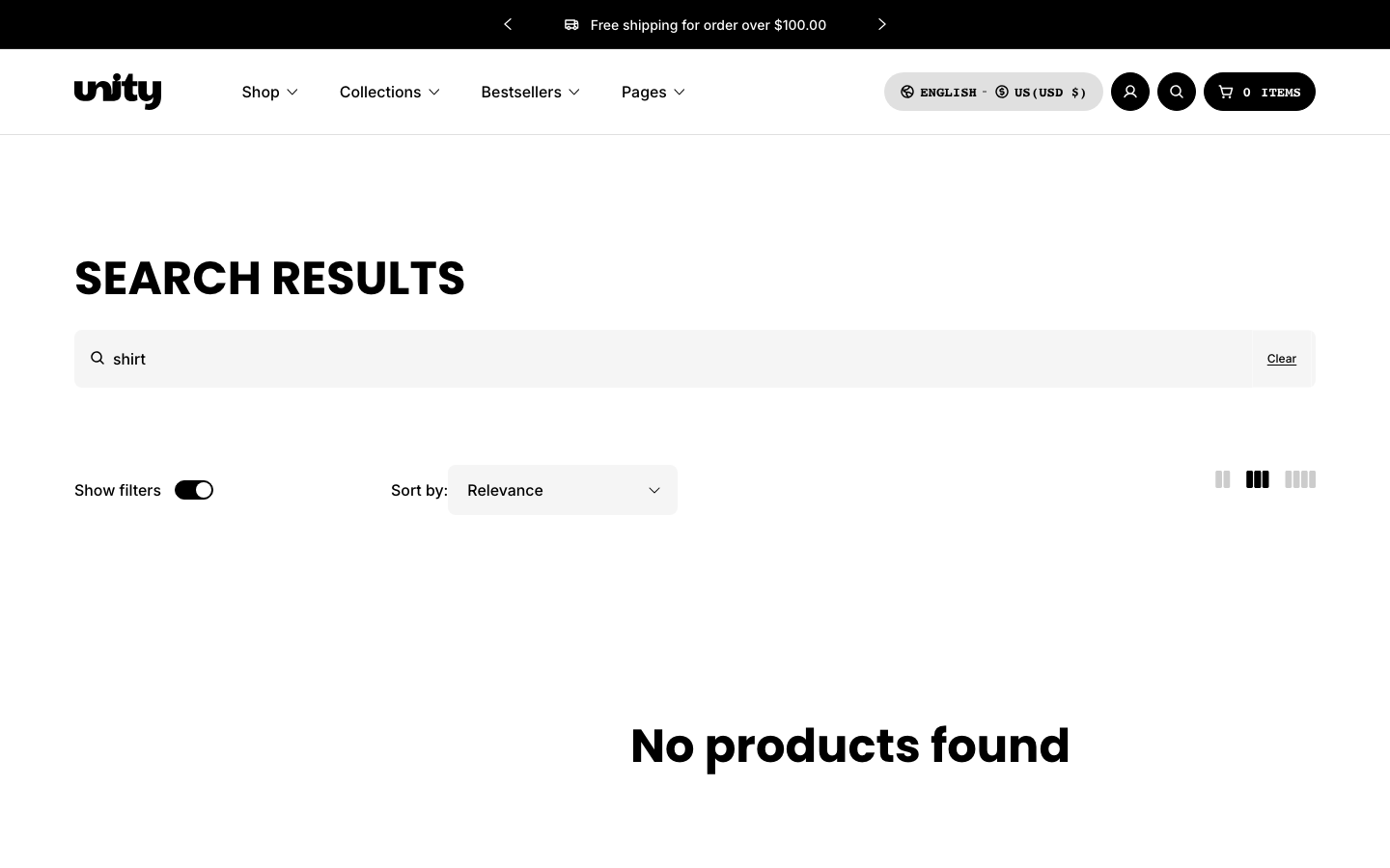 Search → panel opened — Navi+ on the Unity Shopify theme