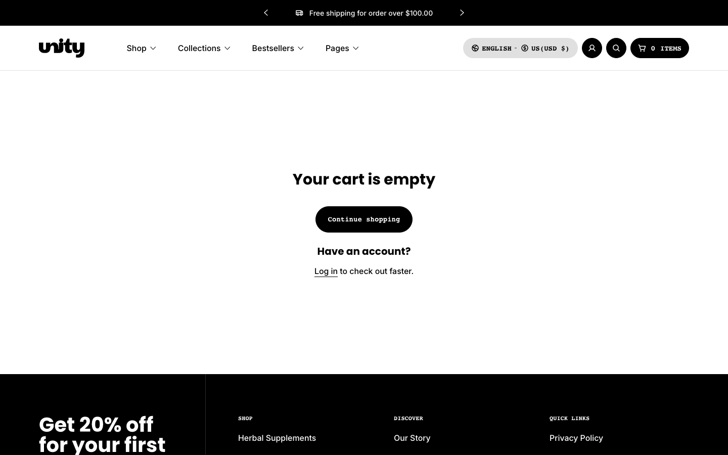 Cart → panel opened — Navi+ on the Unity Shopify theme