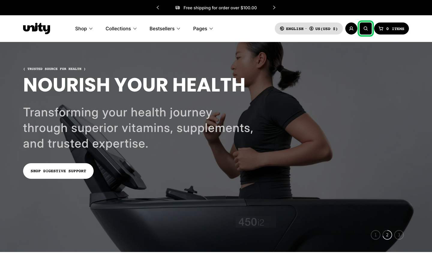 Search → panel opened — Navi+ on the Unity Shopify theme
