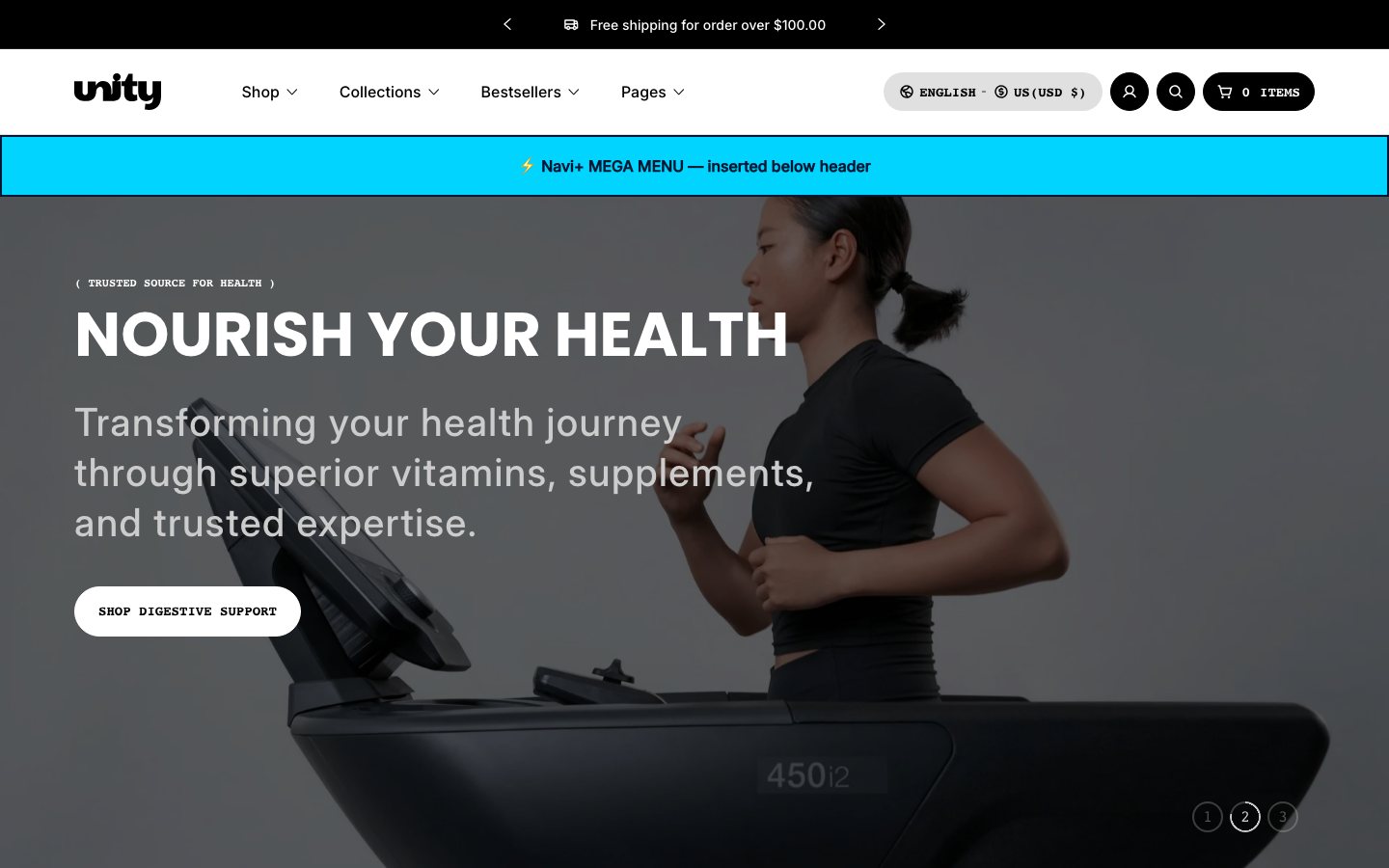 Menu inserted below header — Navi+ on the Unity Shopify theme