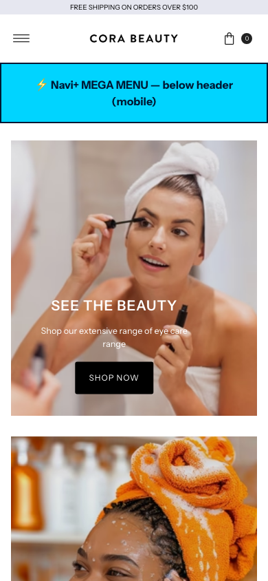 Menu inserted below header — Navi+ on the Vantage Shopify theme