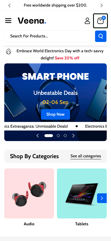 Cart → panel opened — Navi+ on the Veena Shopify theme