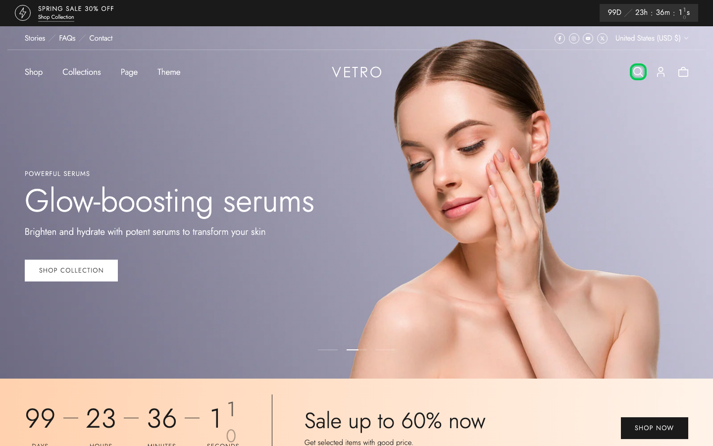 Search → panel opened — Navi+ on the Vetro Shopify theme