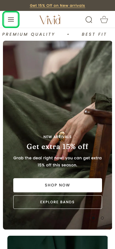 Hamburger → panel opened — Navi+ on the Vivid Shopify theme