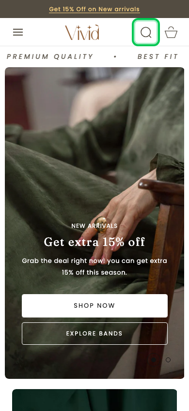 Search → panel opened — Navi+ on the Vivid Shopify theme